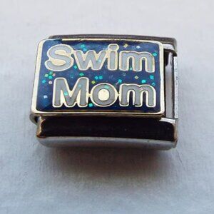 Swim mom on sparkly blue enamel 9mm stainless steel italian charm bracelet link